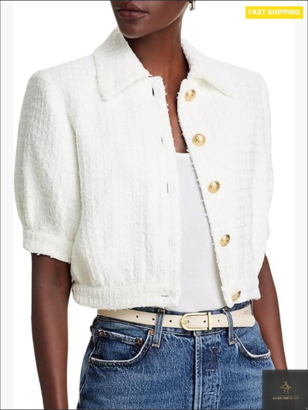 Cropped Tweed Blazer Short Sleeve Button Down Jacket Work Business Casual Coat